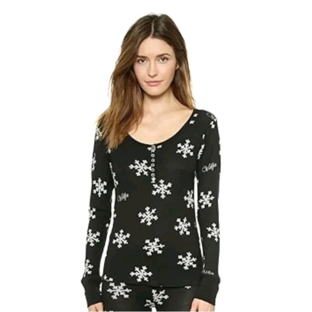 Wildfox Intimates Snowflake Waffle Thermal Pajama Shirt Top Tee Women S Black